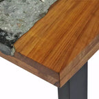 Consolle in legno di teak con intarsio in vetro e resina