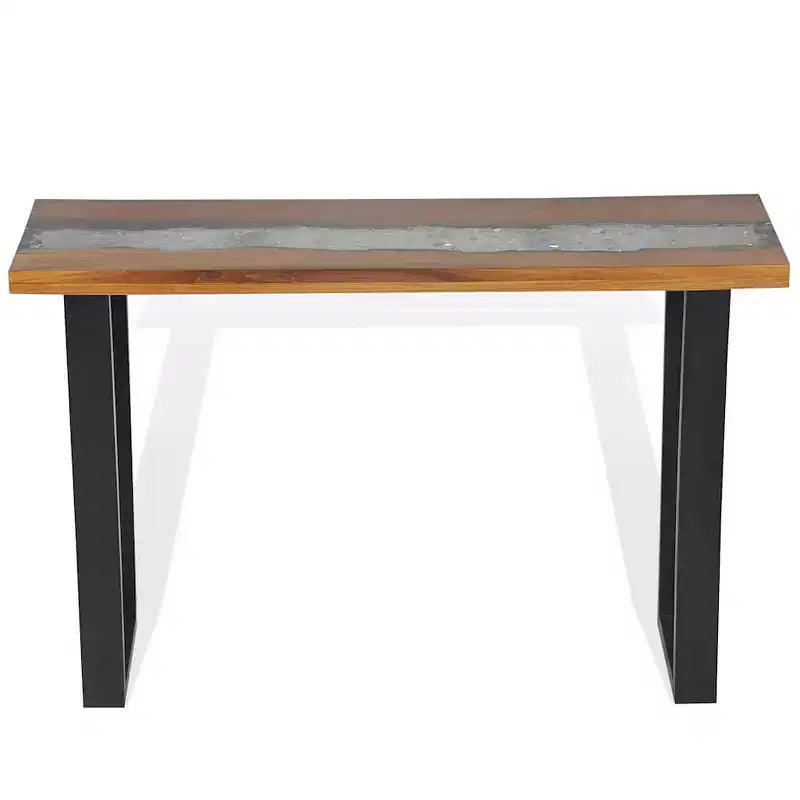 Consolle in legno di teak con intarsio in vetro e resina