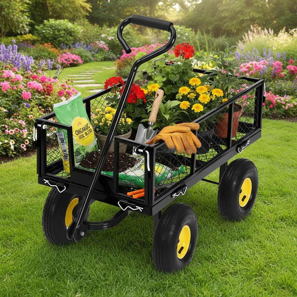 Heavy Duty Steel Cart, 550 lbs 3-in-1 Pull-Out Metal Cart with 10-inch Wheels, 180 Swivel Handle and Removable Sides for Kitchen, Patio