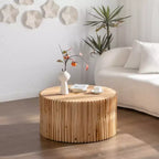 Round Wood Coffee Table, Tree Stump Style Side Table with Vertical Textured Design, Cylindrical Accent Table for Home