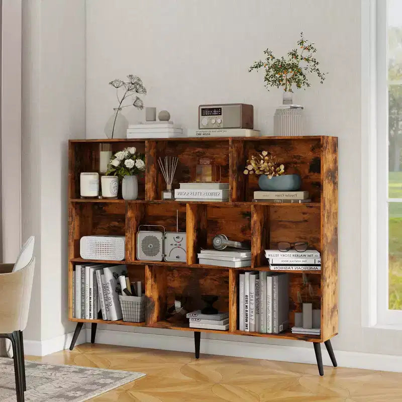 Libreria a 10 scomparti con gambe in ferro – Larga 140 cm, Scaffale a 3 ripiani in legno