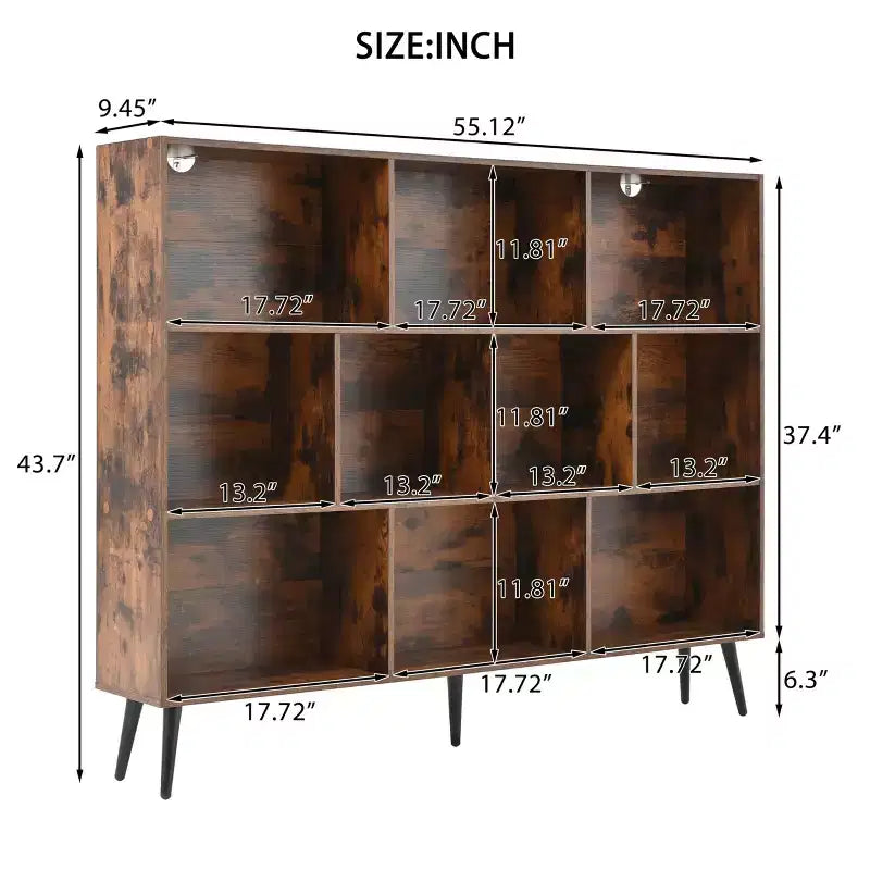 Libreria a 10 scomparti con gambe in ferro – Larga 140 cm, Scaffale a 3 ripiani in legno