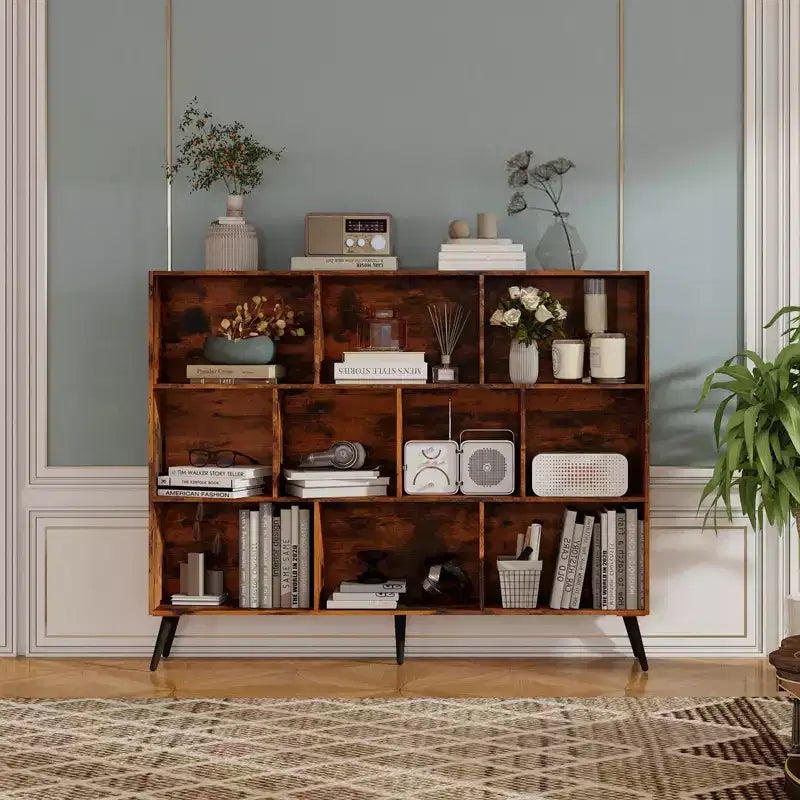 Libreria a 10 scomparti con gambe in ferro – Larga 140 cm, Scaffale a 3 ripiani in legno