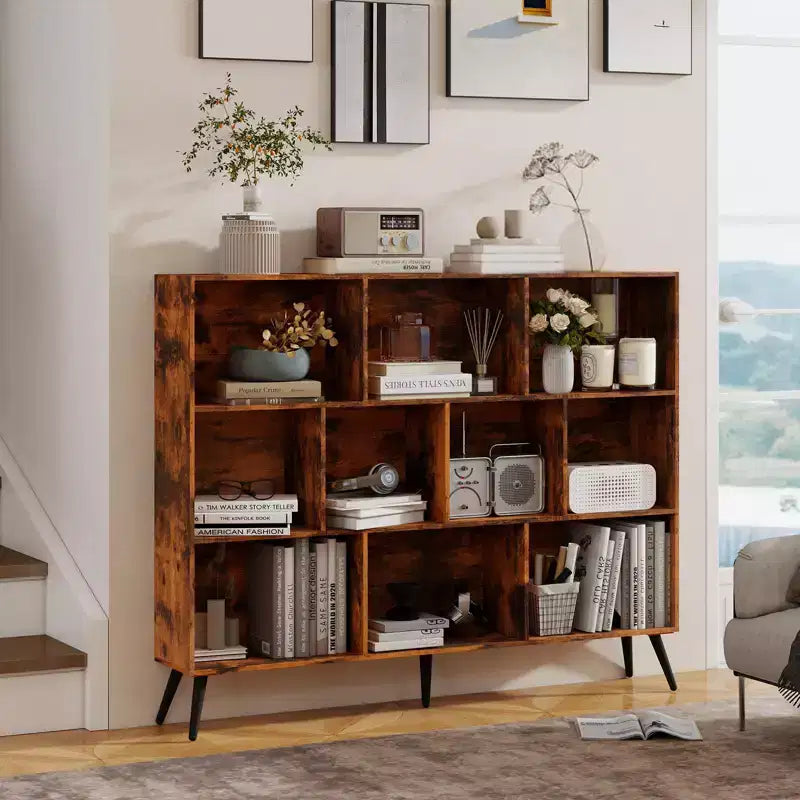 Libreria a 10 scomparti con gambe in ferro – Larga 140 cm, Scaffale a 3 ripiani in legno