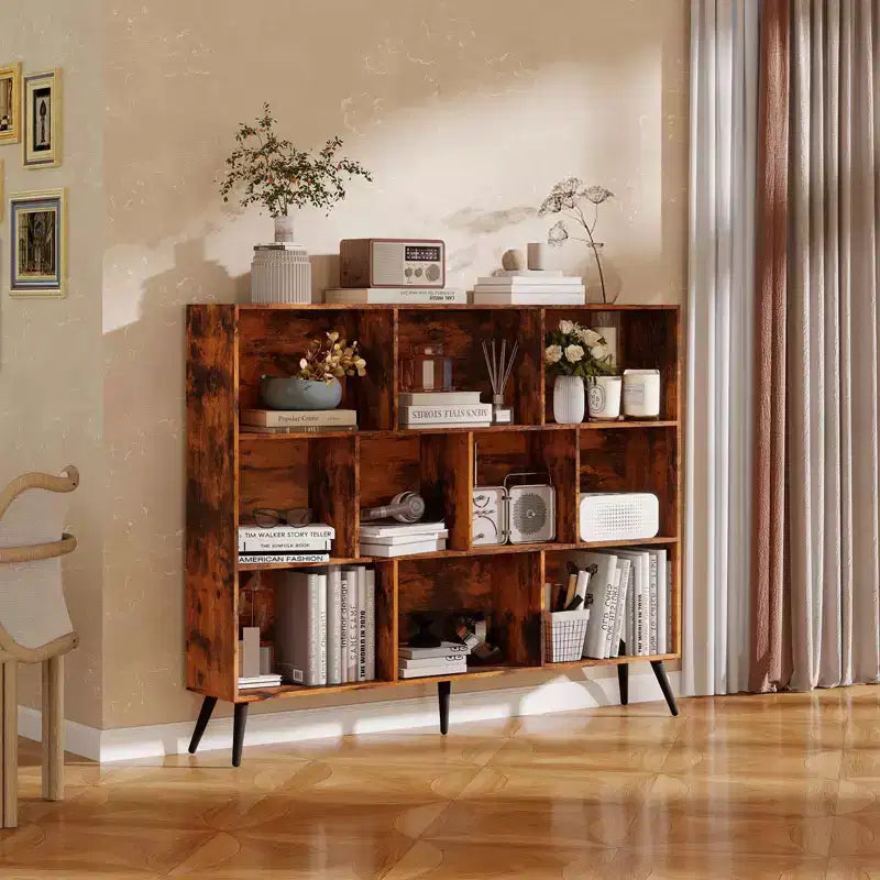 Libreria a 10 scomparti con gambe in ferro – Larga 140 cm, Scaffale a 3 ripiani in legno