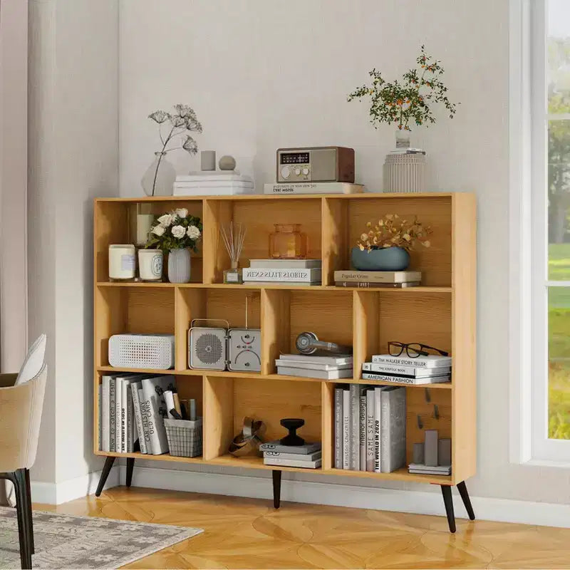 Libreria a 10 scomparti con gambe in ferro – Larga 140 cm, Scaffale a 3 ripiani in legno