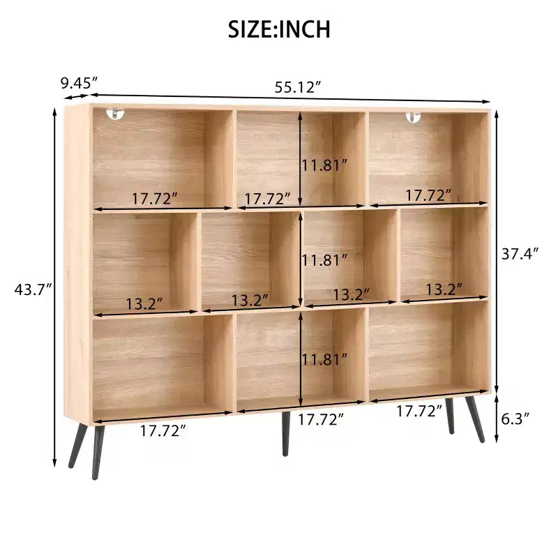 Libreria a 10 scomparti con gambe in ferro – Larga 140 cm, Scaffale a 3 ripiani in legno