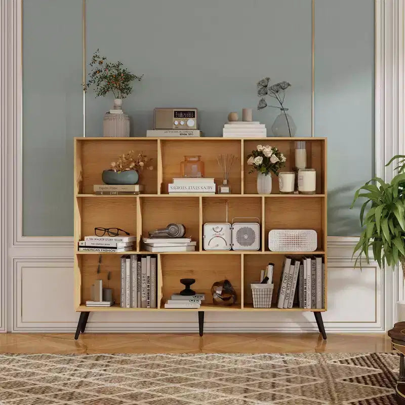 Libreria a 10 scomparti con gambe in ferro – Larga 140 cm, Scaffale a 3 ripiani in legno