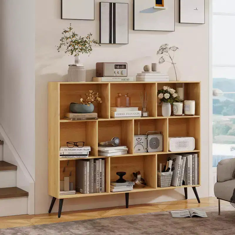 Libreria a 10 scomparti con gambe in ferro – Larga 140 cm, Scaffale a 3 ripiani in legno
