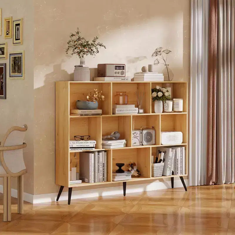 Libreria a 10 scomparti con gambe in ferro – Larga 140 cm, Scaffale a 3 ripiani in legno