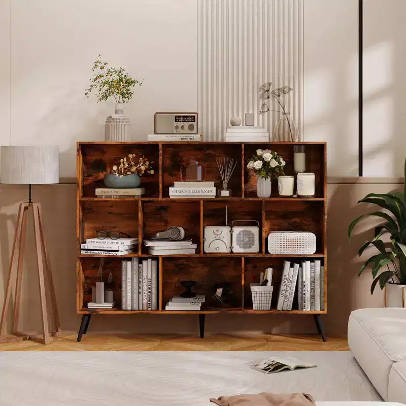 Libreria a 10 scomparti con gambe in ferro – Larga 140 cm, Scaffale a 3 ripiani in legno