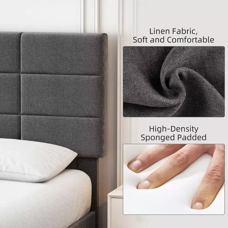 Base letto a piattaforma matrimoniale con testiera imbottita e contenitore sotto il letto