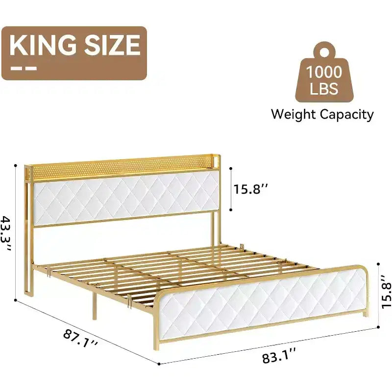 Struttura Letto Matrimoniale King Size con Illuminazione a LED, Testiera con Ricarica USB e Contenitore Sottopiattaforma
