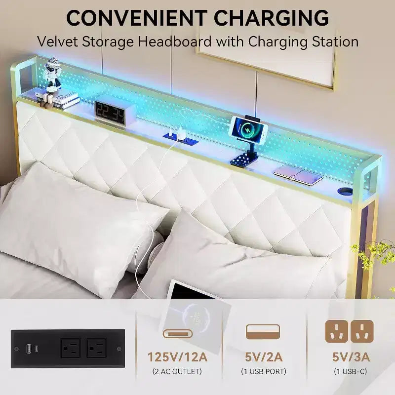Struttura Letto Matrimoniale King Size con Illuminazione a LED, Testiera con Ricarica USB e Contenitore Sottopiattaforma