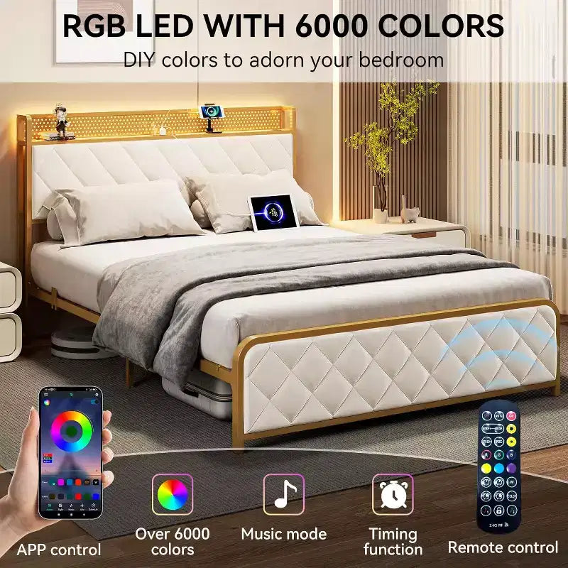 Struttura Letto Matrimoniale King Size con Illuminazione a LED, Testiera con Ricarica USB e Contenitore Sottopiattaforma