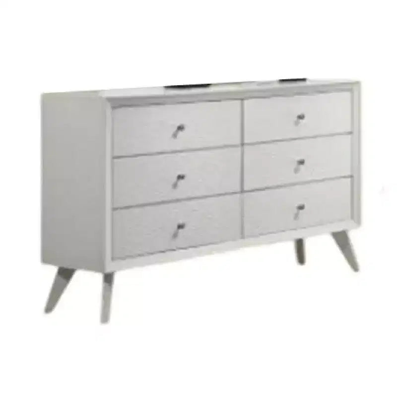 Comò a 6 cassetti largo con pomelli in bronzo – Legno bianco testurizzato