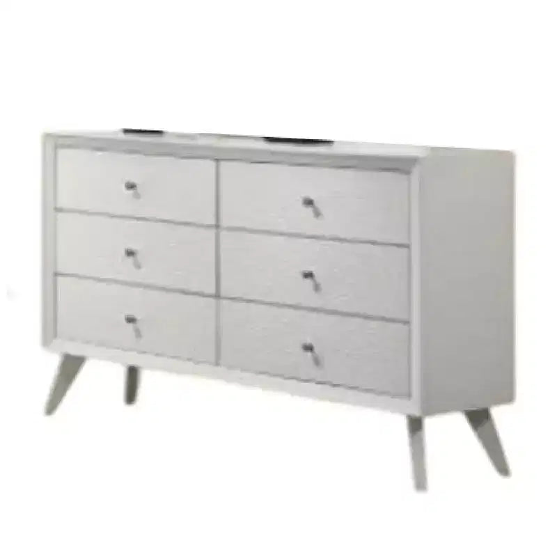 Comò a 6 cassetti largo con pomelli in bronzo – Legno bianco testurizzato