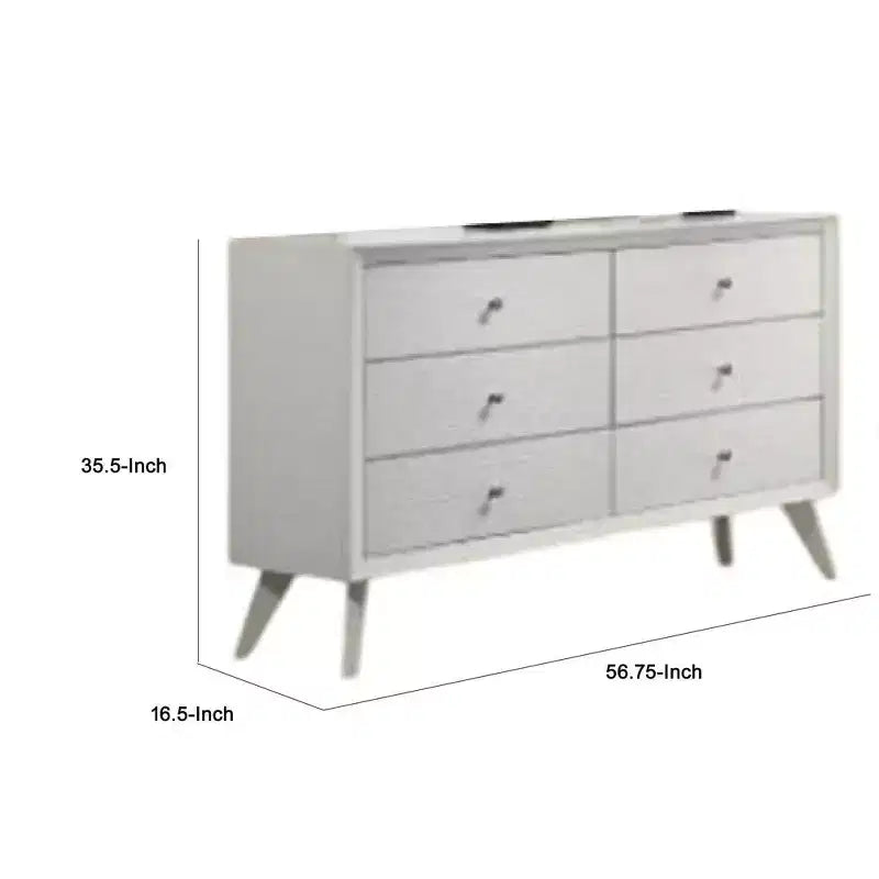 Comò a 6 cassetti largo con pomelli in bronzo – Legno bianco testurizzato