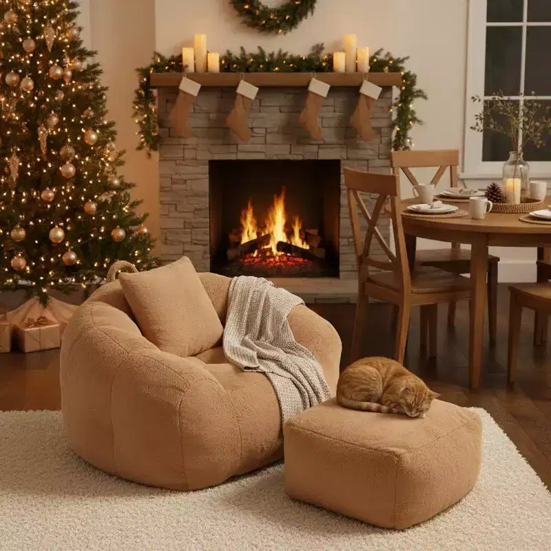 Homy Casa Faux Fur Bean Bag Accent Chair with Ottoman and Pillow, Khaki