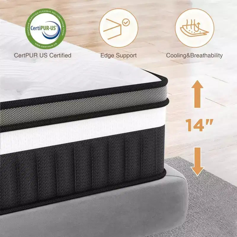 Materasso Queen Ibrido da 14 Pollici – Memory Gel e Molle Insacchettate, Medio Rigido