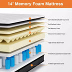Materasso Queen Ibrido da 14 Pollici – Memory Gel e Molle Insacchettate, Medio Rigido