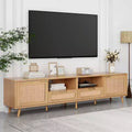 78.74 Inch Natural Rattan TV Stand for TVs up to 85 Inches Media Console with Solid Wood Legs for Living Room Home Theatre