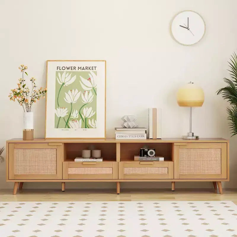 Mobile TV in Rattan da 78 Pollici con Gambe in Legno Massello – Adatto a TV fino a 85 Pollici