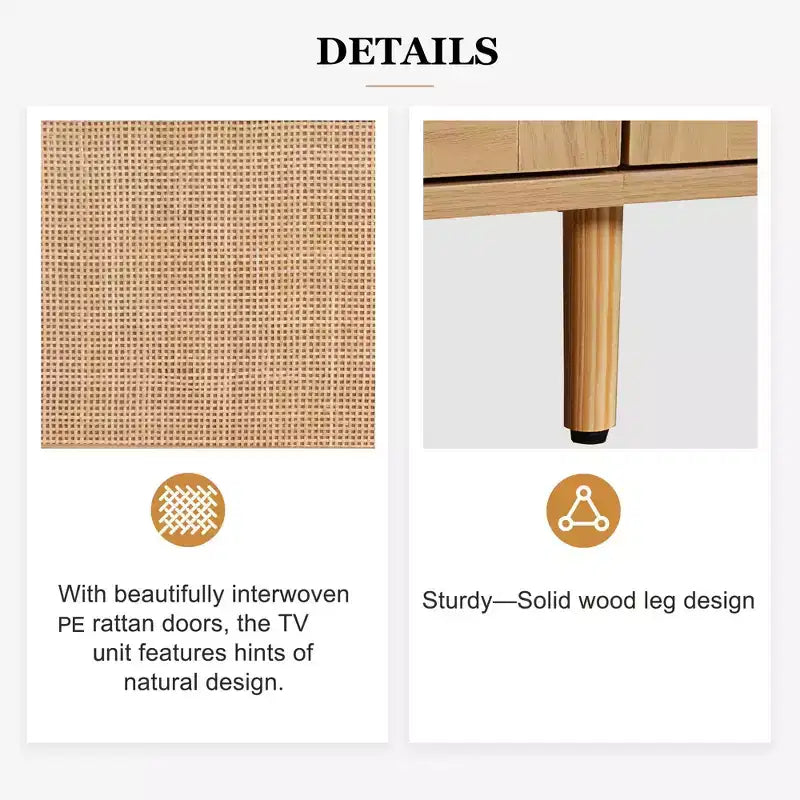 Mobile TV in Rattan da 78 Pollici con Gambe in Legno Massello – Adatto a TV fino a 85 Pollici