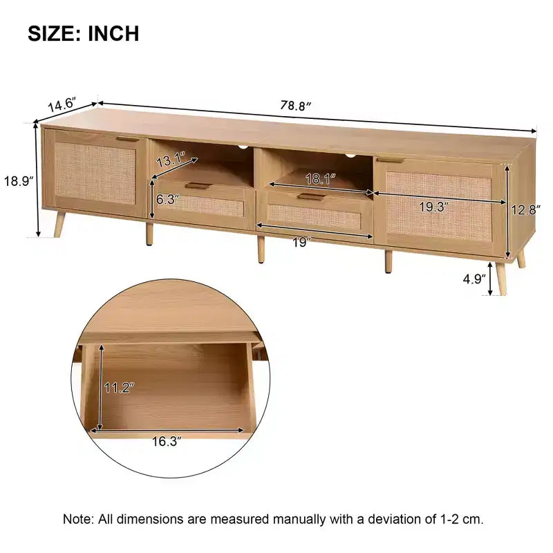 Mobile TV in Rattan da 78 Pollici con Gambe in Legno Massello – Adatto a TV fino a 85 Pollici