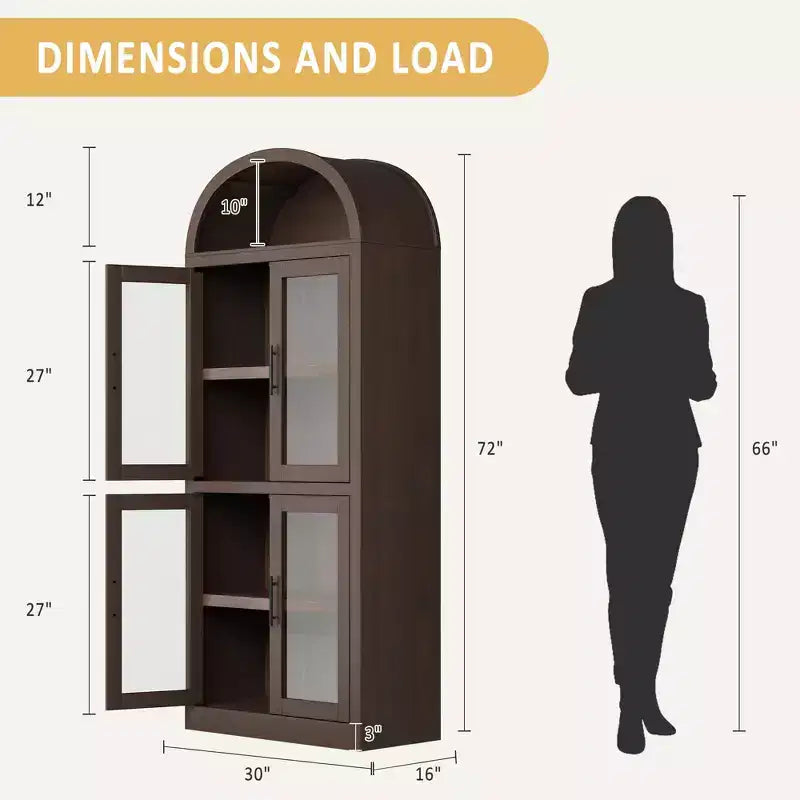 Credenza alta ad arco da 180 cm con 4 ante in vetro e 6 ripiani regolabili