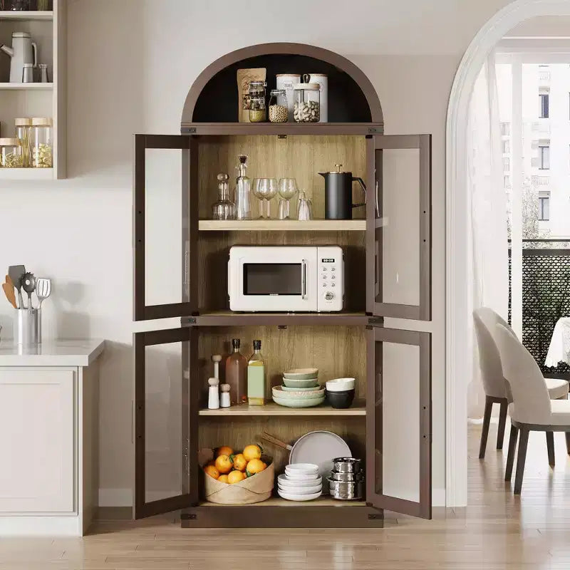 Credenza alta ad arco da 180 cm con 4 ante in vetro e 6 ripiani regolabili