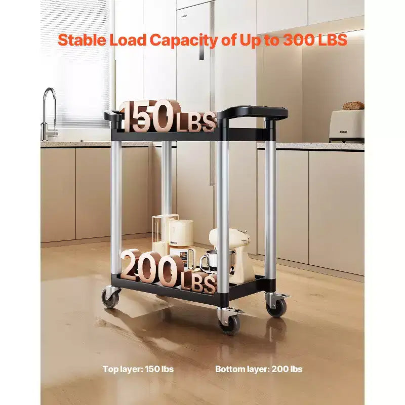 Carrello di servizio a 2 livelli con ruote girevoli a 360°, capacità 136 kg, nero