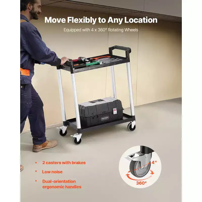 Carrello di servizio a 2 livelli con ruote girevoli a 360°, capacità 136 kg, nero