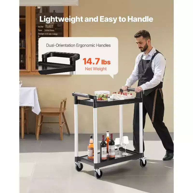 Carrello di servizio a 2 livelli con ruote girevoli a 360°, capacità 136 kg, nero