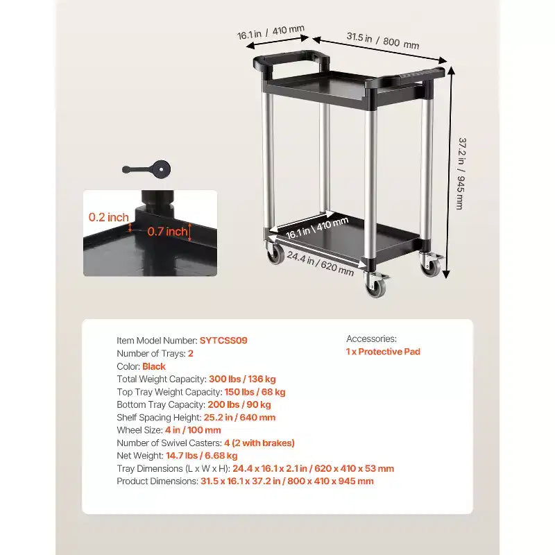 Carrello di servizio a 2 livelli con ruote girevoli a 360°, capacità 136 kg, nero