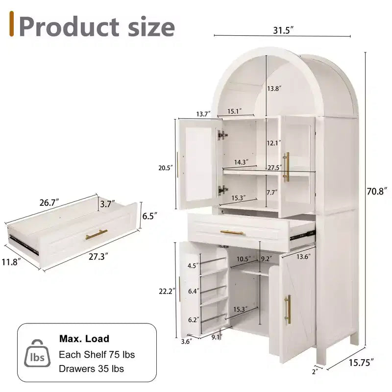 Mobile credenza alto ad arco per ripostiglio con ante in vetro e ripiani regolabili