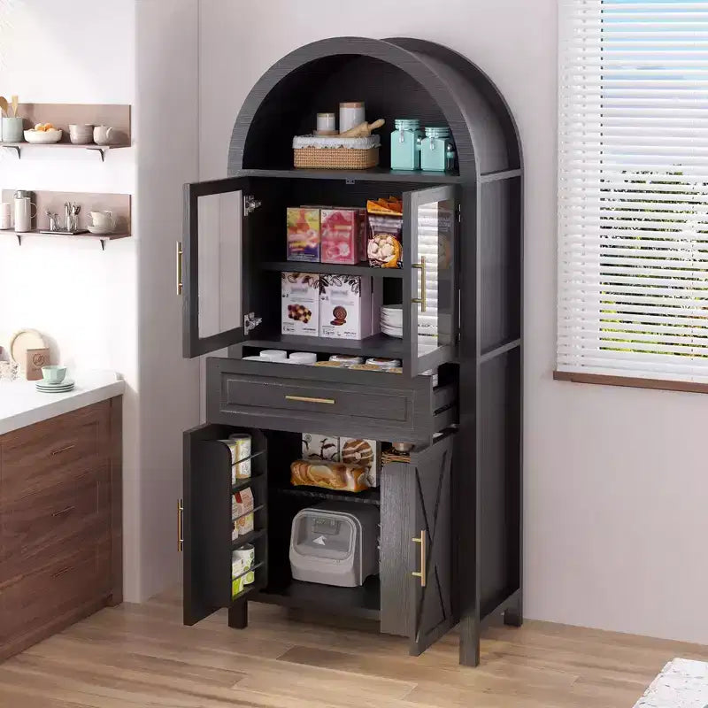 Mobile credenza alto ad arco per ripostiglio con ante in vetro e ripiani regolabili