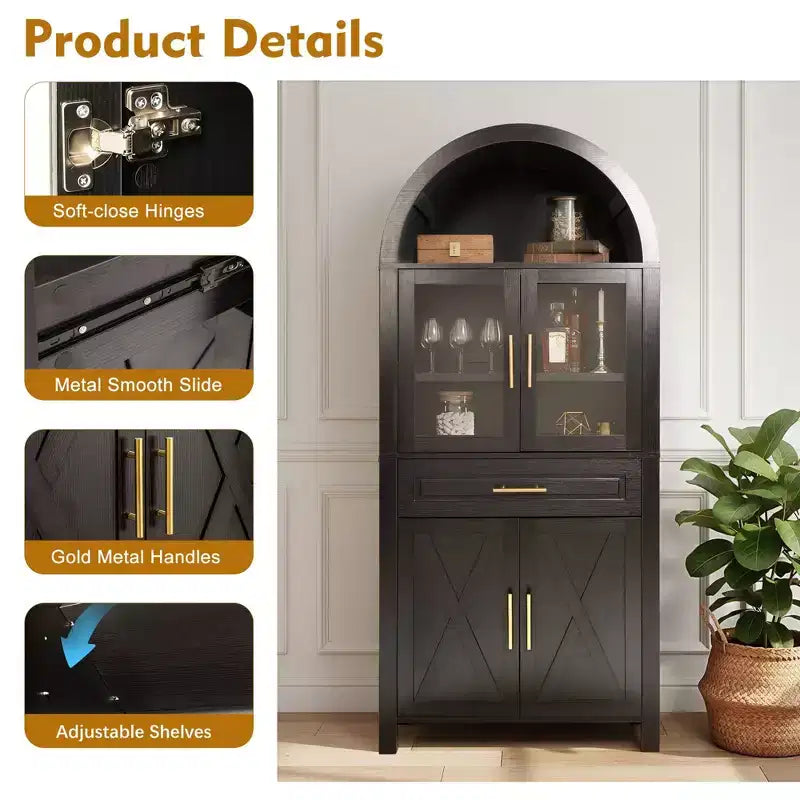 Mobile credenza alto ad arco per ripostiglio con ante in vetro e ripiani regolabili