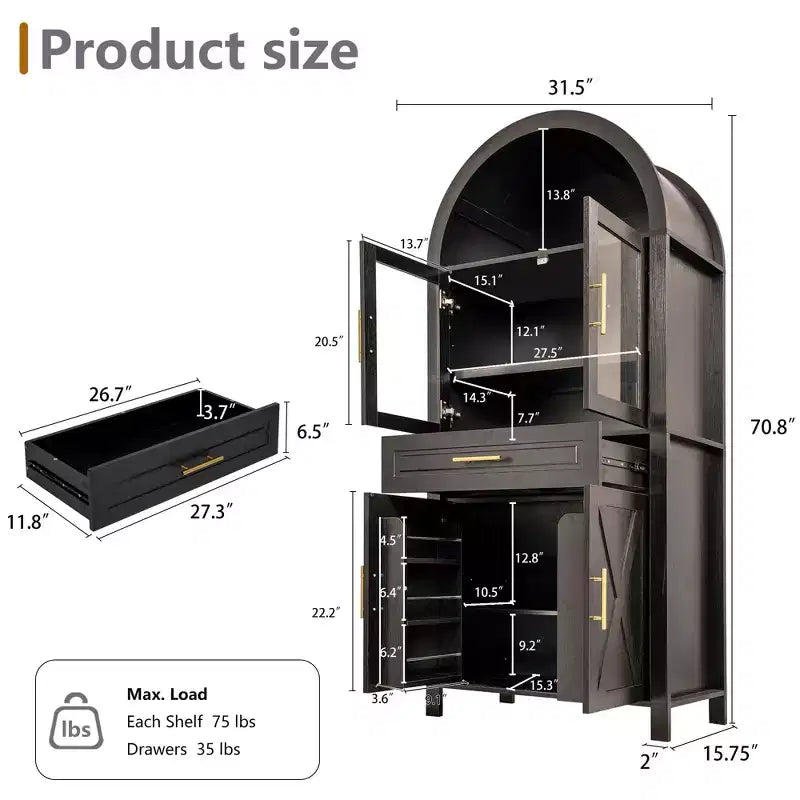 Mobile credenza alto ad arco per ripostiglio con ante in vetro e ripiani regolabili