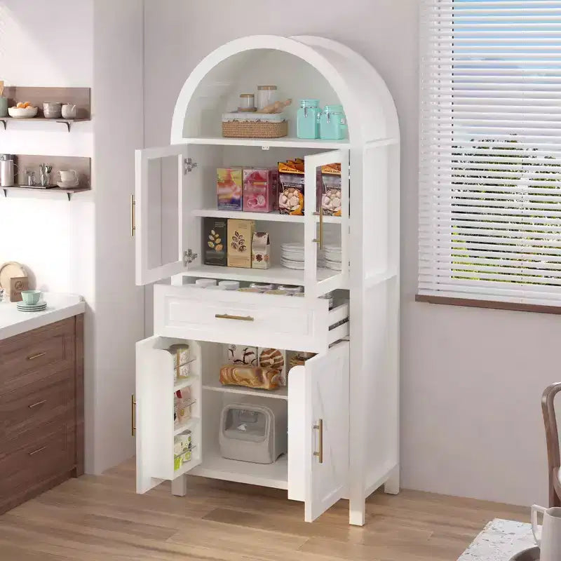 Mobile credenza alto ad arco per ripostiglio con ante in vetro e ripiani regolabili