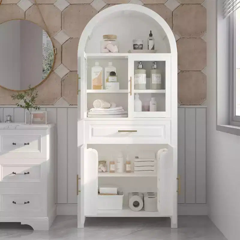 Mobile credenza alto ad arco per ripostiglio con ante in vetro e ripiani regolabili
