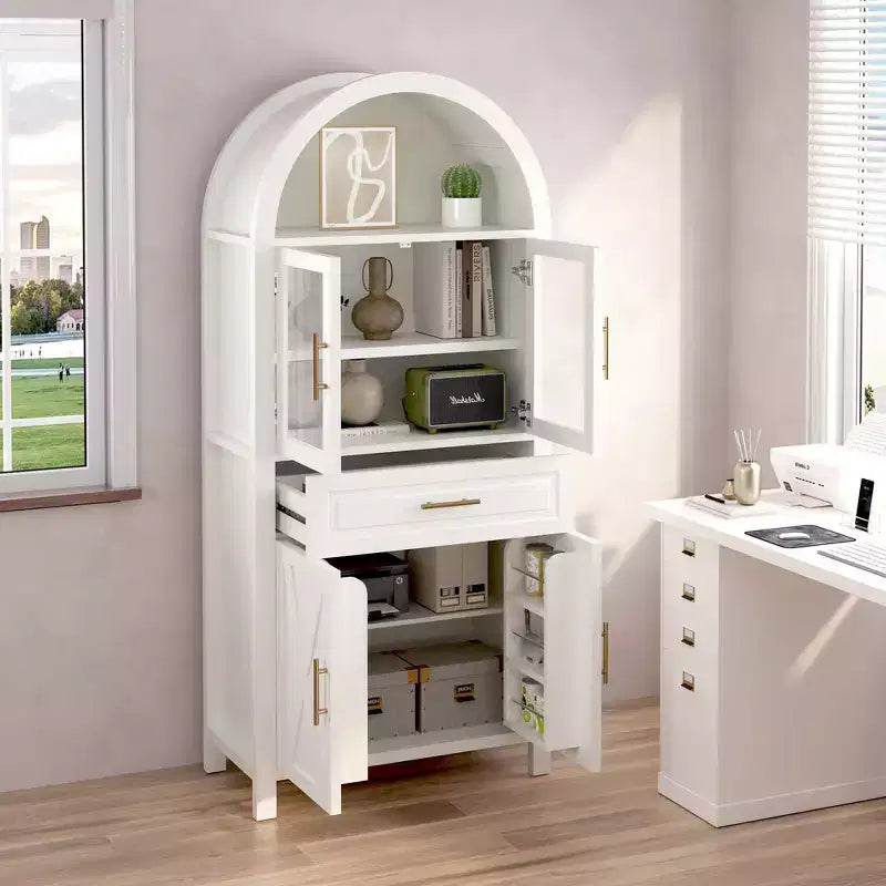 Mobile credenza alto ad arco per ripostiglio con ante in vetro e ripiani regolabili