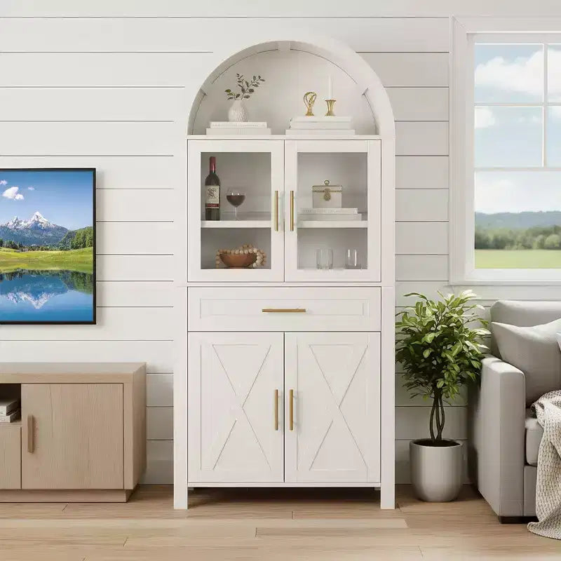 Mobile credenza alto ad arco per ripostiglio con ante in vetro e ripiani regolabili