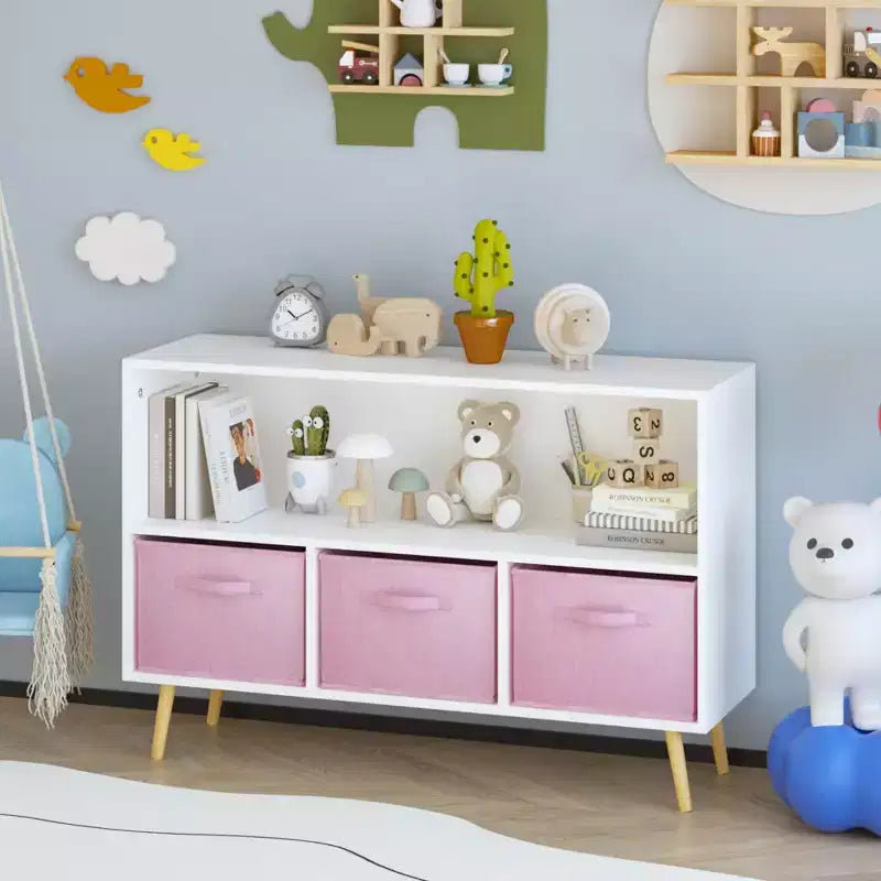 Scaffale per libri per bambini con cassetti in tessuto e ripiano a giorno