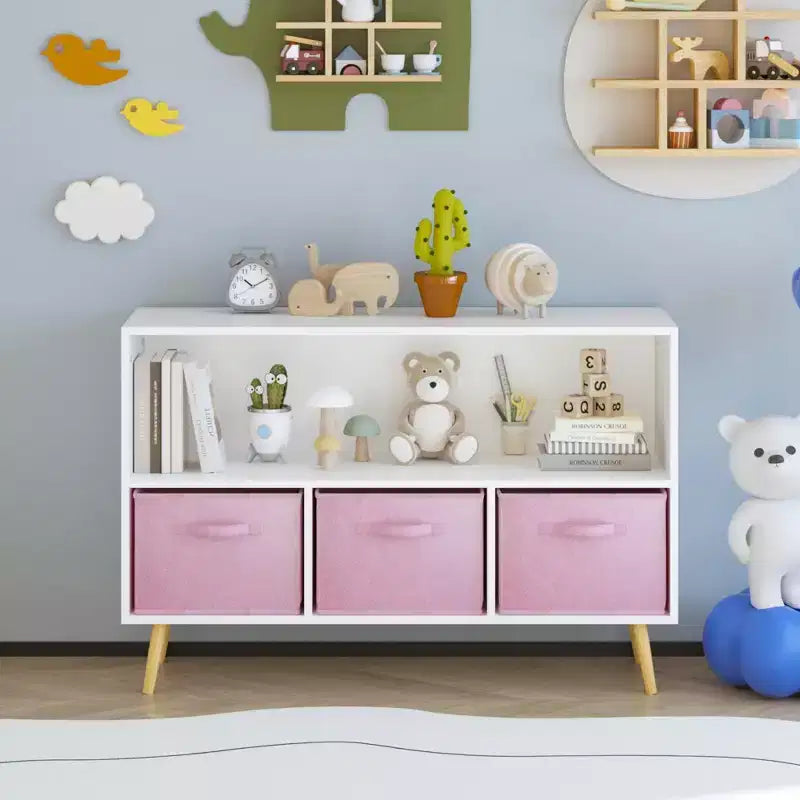 Scaffale per libri per bambini con cassetti in tessuto e ripiano a giorno