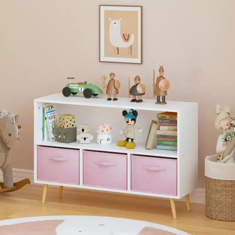 Scaffale per libri per bambini con cassetti in tessuto e ripiano a giorno