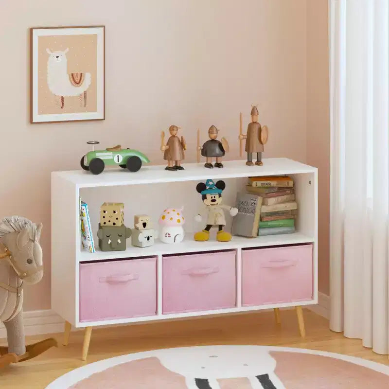 Scaffale per libri per bambini con cassetti in tessuto e ripiano a giorno
