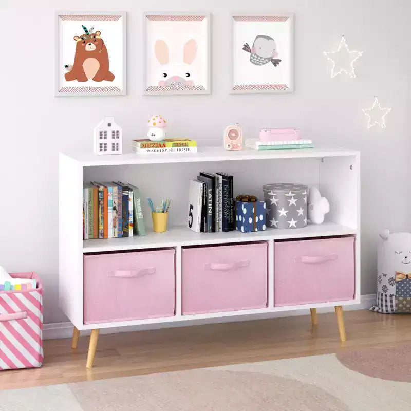 Scaffale per libri per bambini con cassetti in tessuto e ripiano a giorno