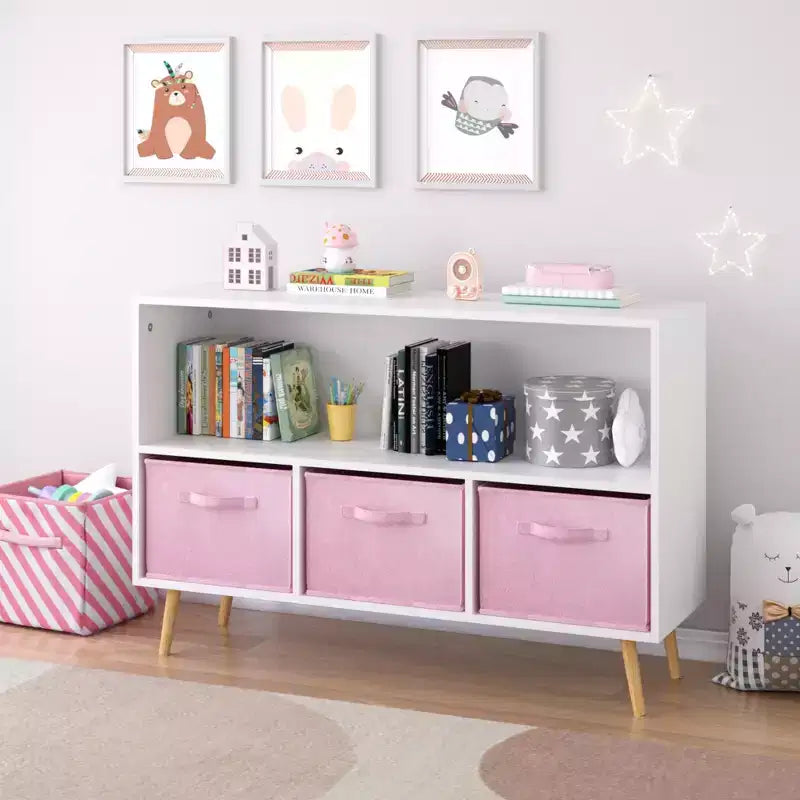 Scaffale per libri per bambini con cassetti in tessuto e ripiano a giorno