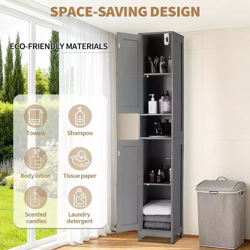 Mobiletto contenitore alto e stretto da bagno con ripiani regolabili e maniglie in metallo